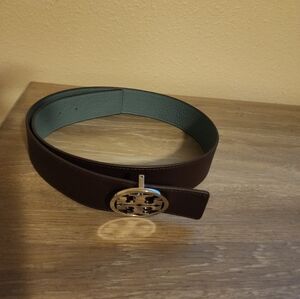 Tory Burch REVERSIBLE Logo WIDE 1 1/2" Belt  Arctic / Marten / Silver Buckle SzS